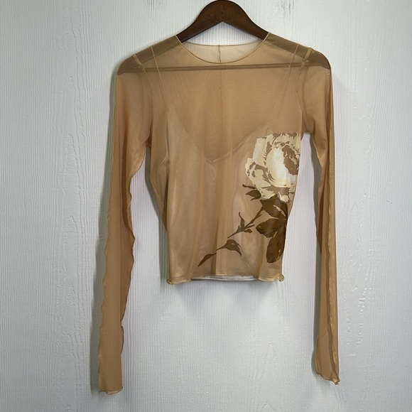 Zara - Floral Mesh Sand Color Long Sleeve With Tank Underneath Blouse Size Small - Picture 7 of 11